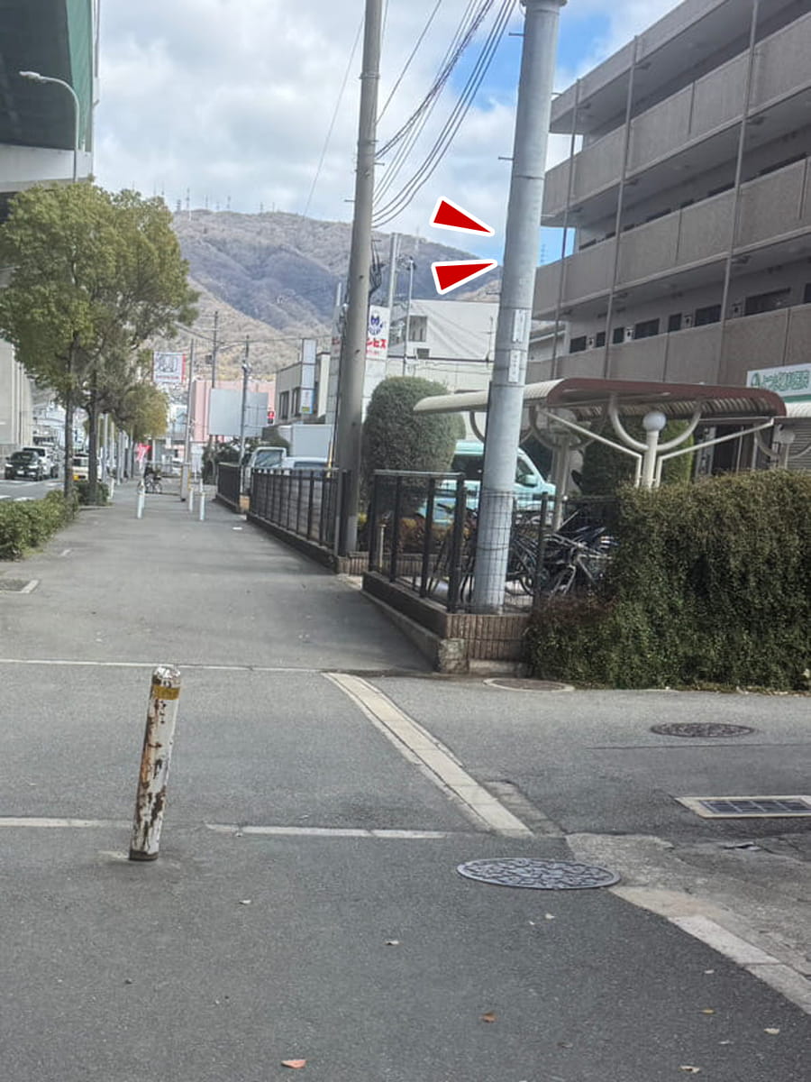 右手に見える茶色の建物の案内写真